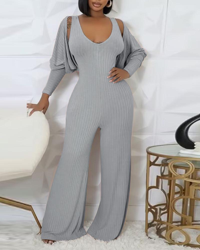 2 Piece V Neck Sleeveless Wide Leg Jumpsuit with Pockets Gigot Sleeve Open Front Coat Outfits Set