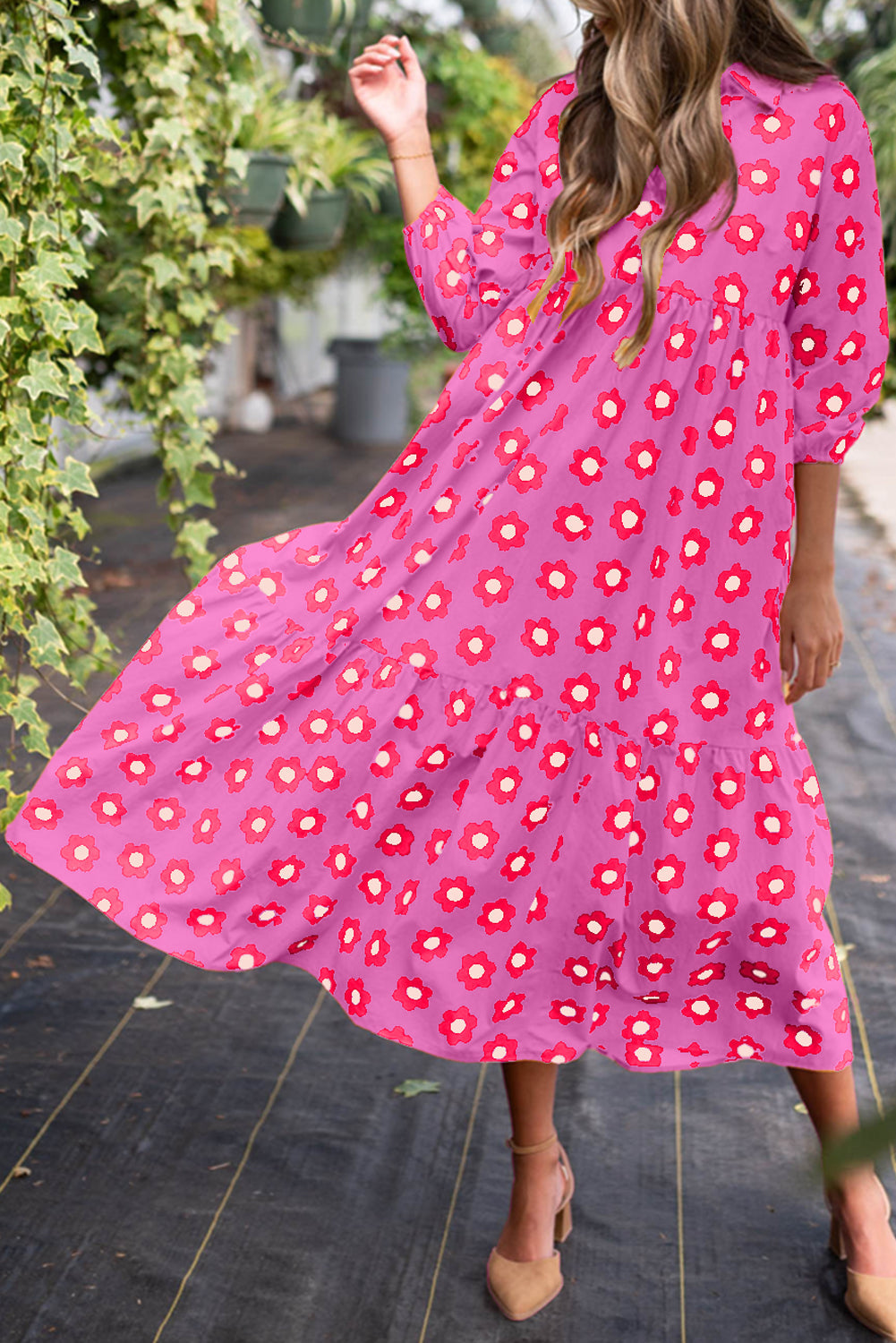 Yellow Flower Print Bracelet Sleeve Buttons Collared Maxi Dress