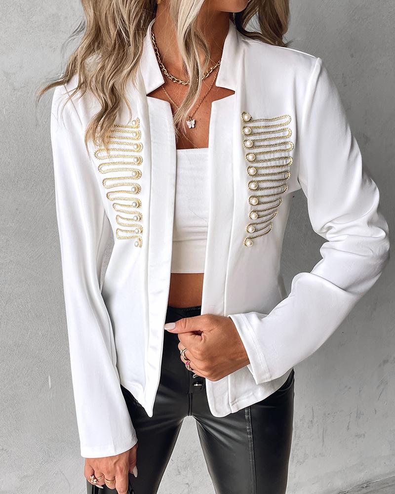 Pearls Decor Open Front Long Sleeve Blazer Coat