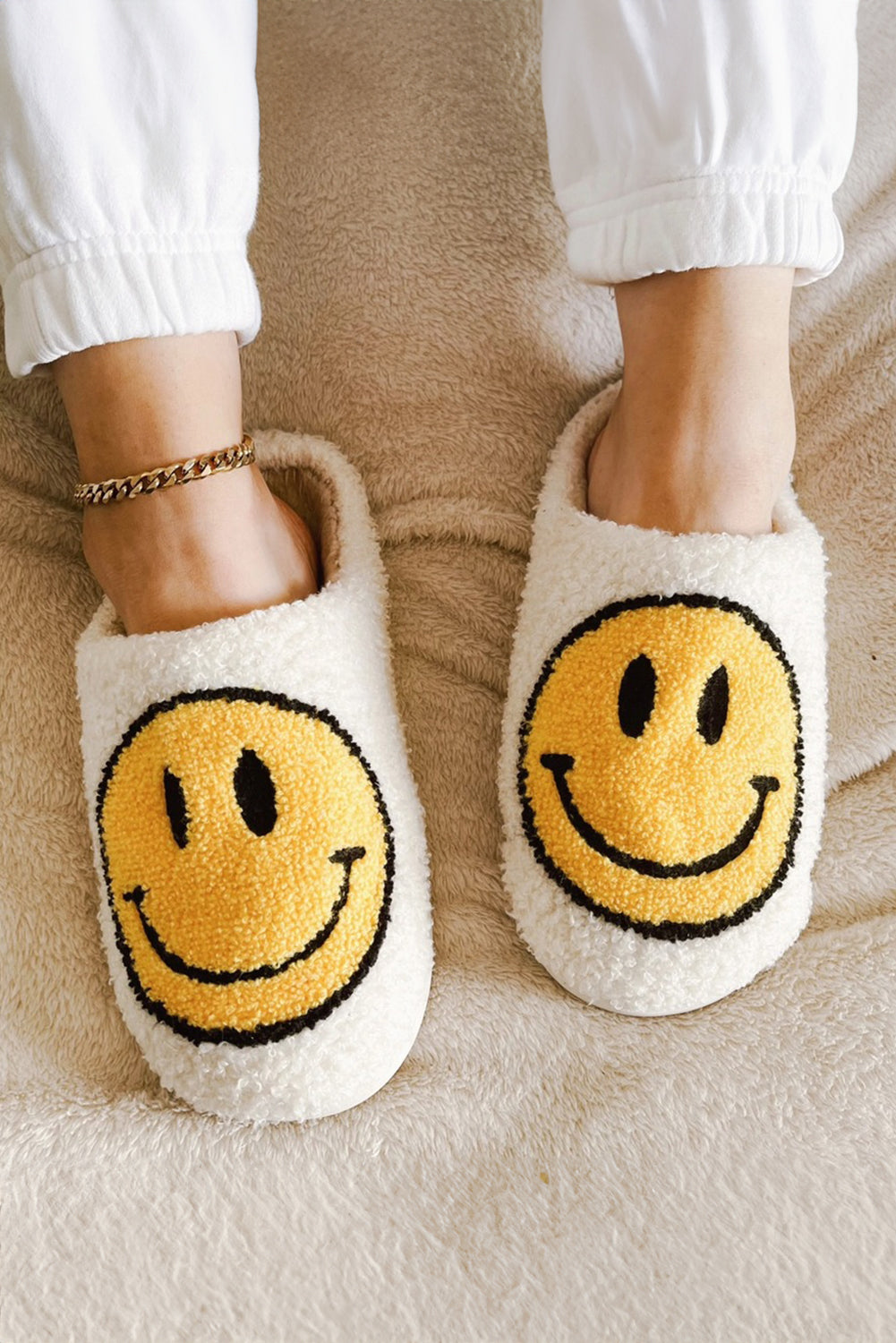 Pink Smile Face Print Non-slip Plush Slippers