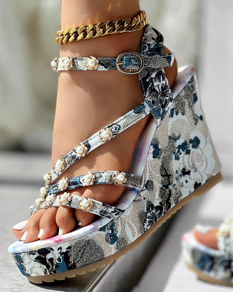 Floral Pearls Decor Platform Ankle Strap Wedge Sandals