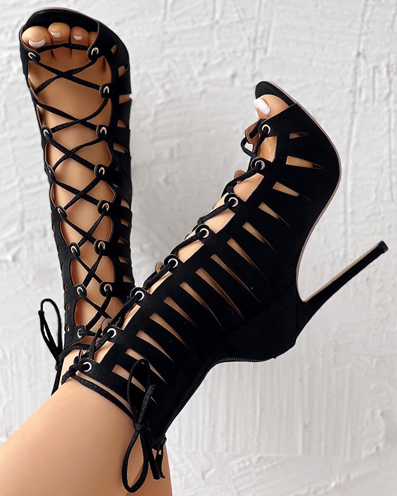 Eyelet Lace up Ankle Boots Stiletto Heeled Bootie Sandals