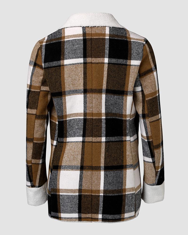 Plaid Pattern Lapel Long Sleeve Blazer Button Front Fleece Lined Coat