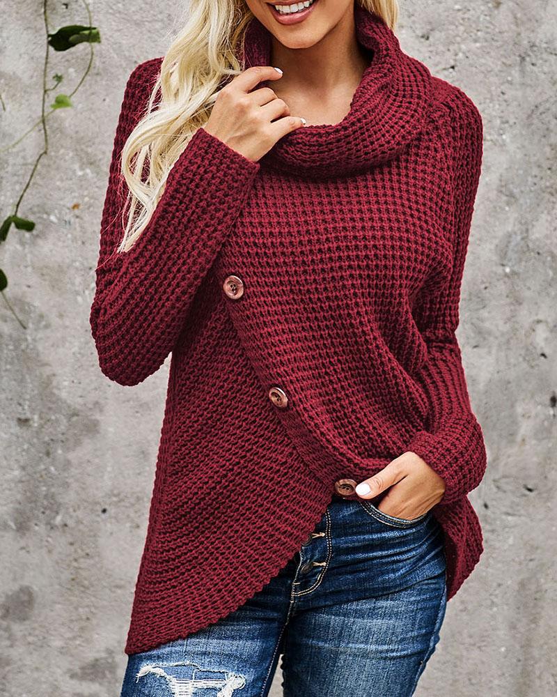 Strap Decor Mock Neck Buttoned Asymmetrical Sweater