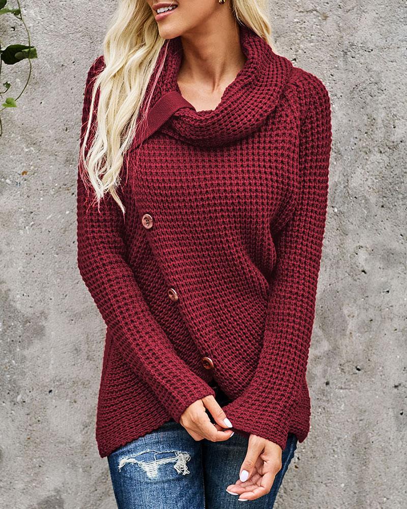 Strap Decor Mock Neck Buttoned Asymmetrical Sweater