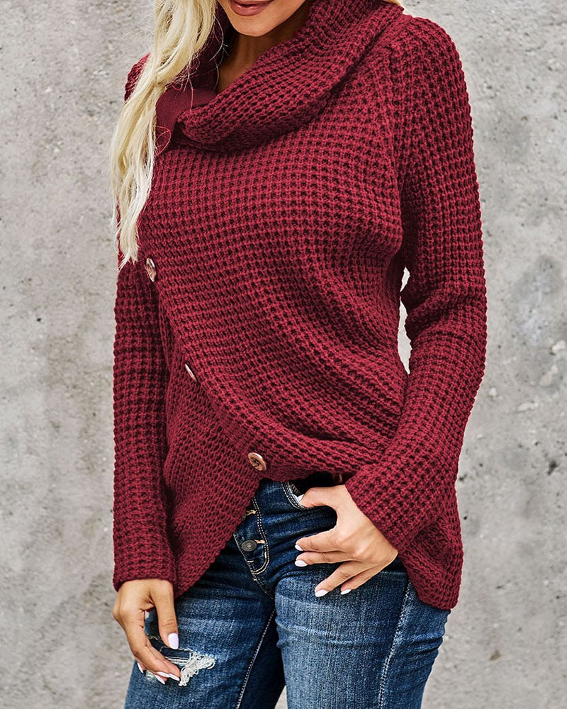 Strap Decor Mock Neck Buttoned Asymmetrical Sweater