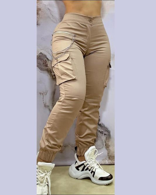 Chain Decor Pocket Design Cuffed Cargo Pants