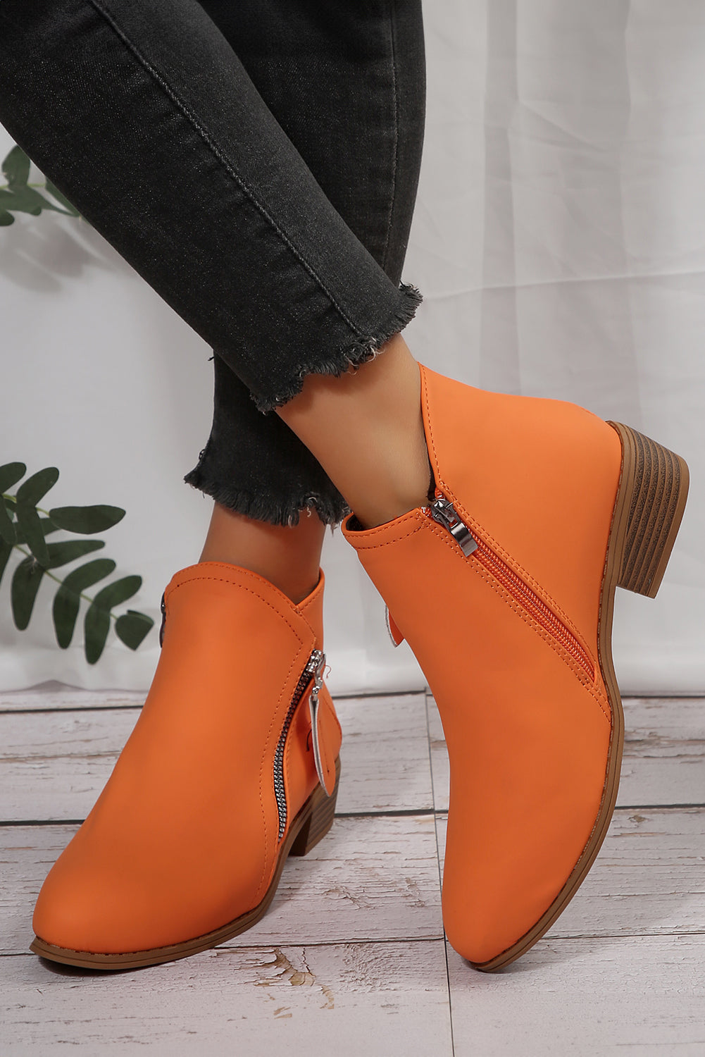 Orange Faux Leather Double Zip Low Heel Ankle Boots