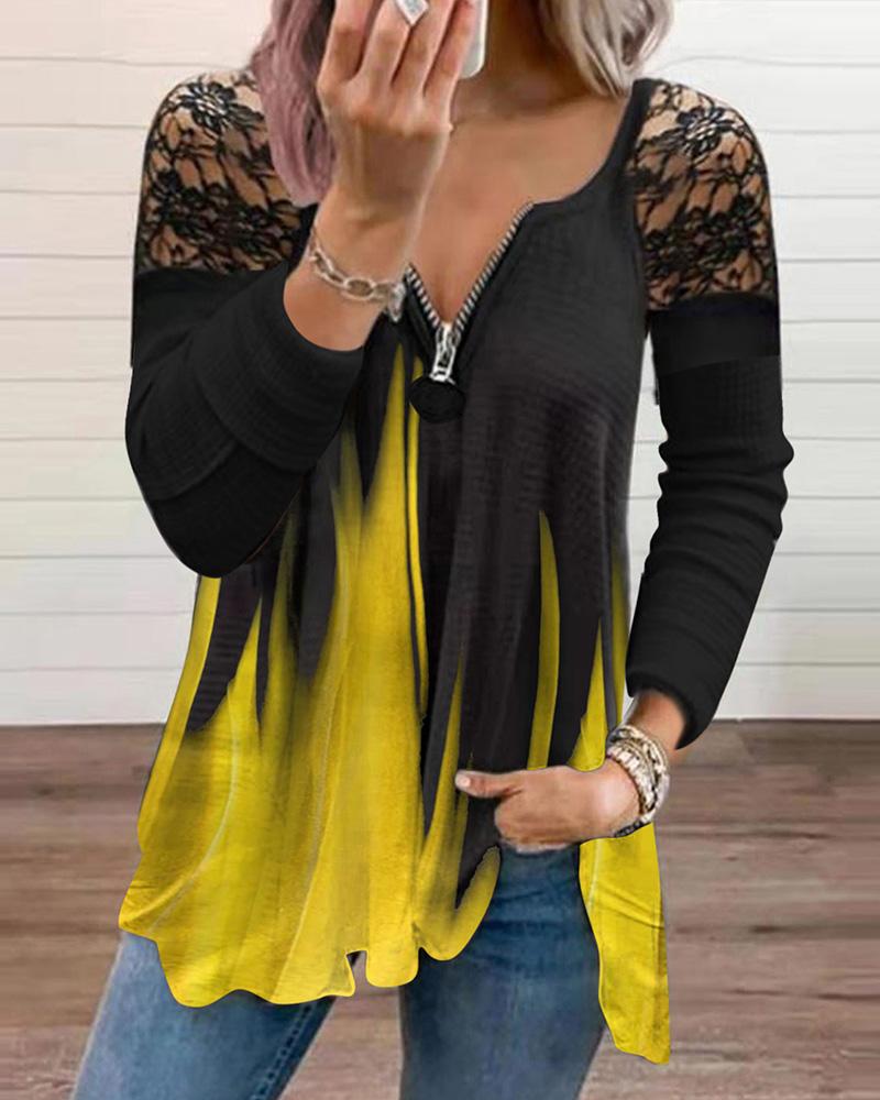 Zipper Design Crochet Lace Patch Colorblock Top