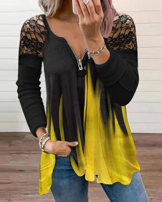 Zipper Design Crochet Lace Patch Colorblock Top