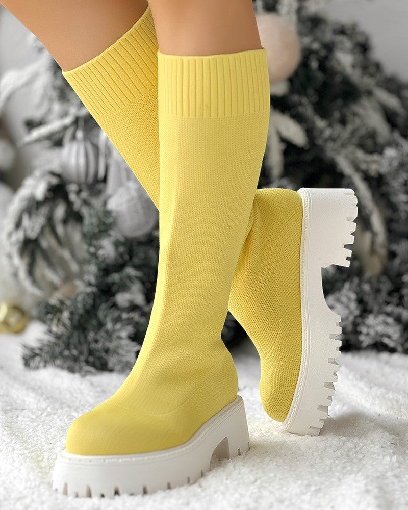 Round Toe Platform Breathable Calf Boots