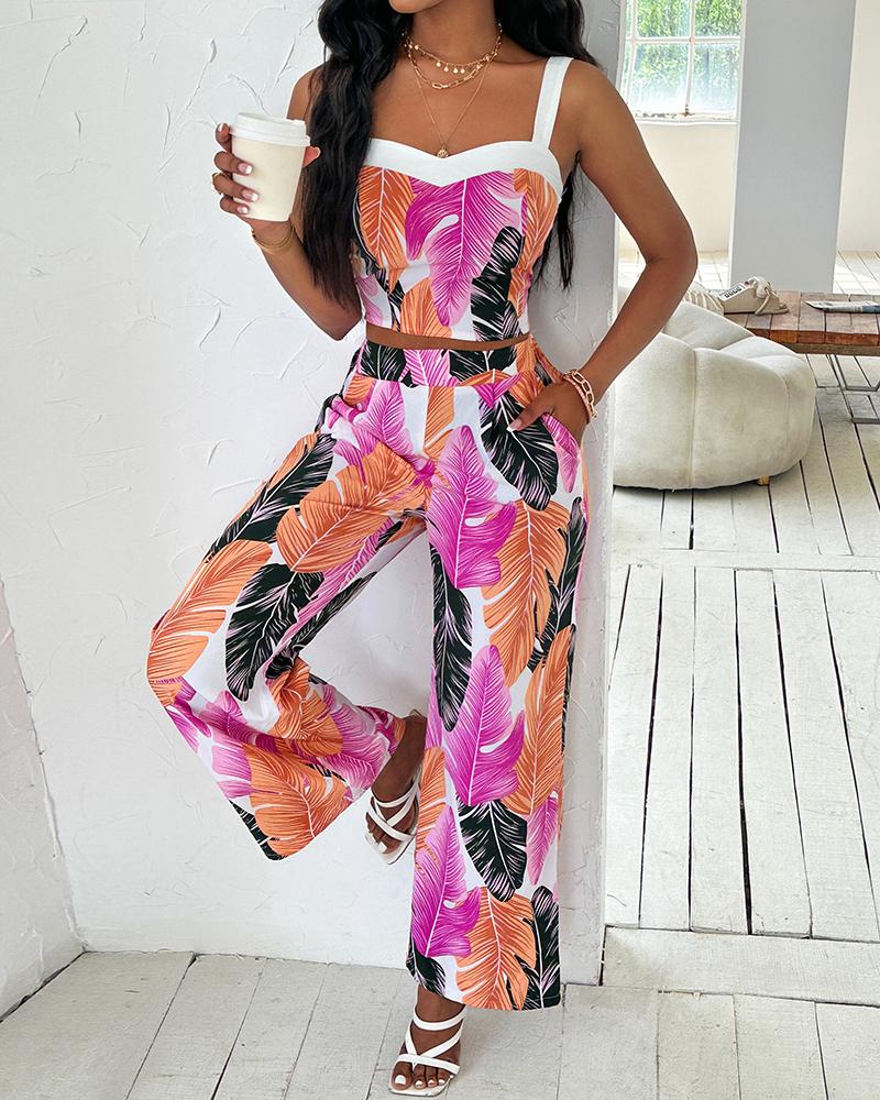 Tropical Leaf Print Crop Top & Wide Leg Pants Set