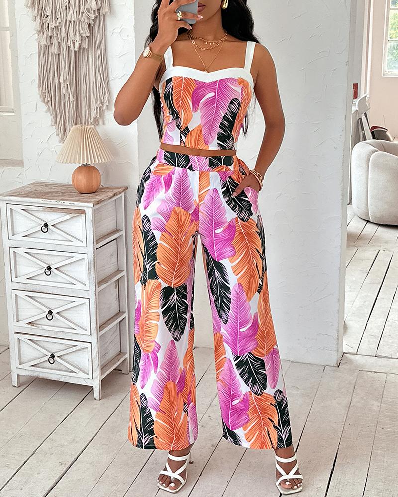 Tropical Leaf Print Crop Top & Wide Leg Pants Set