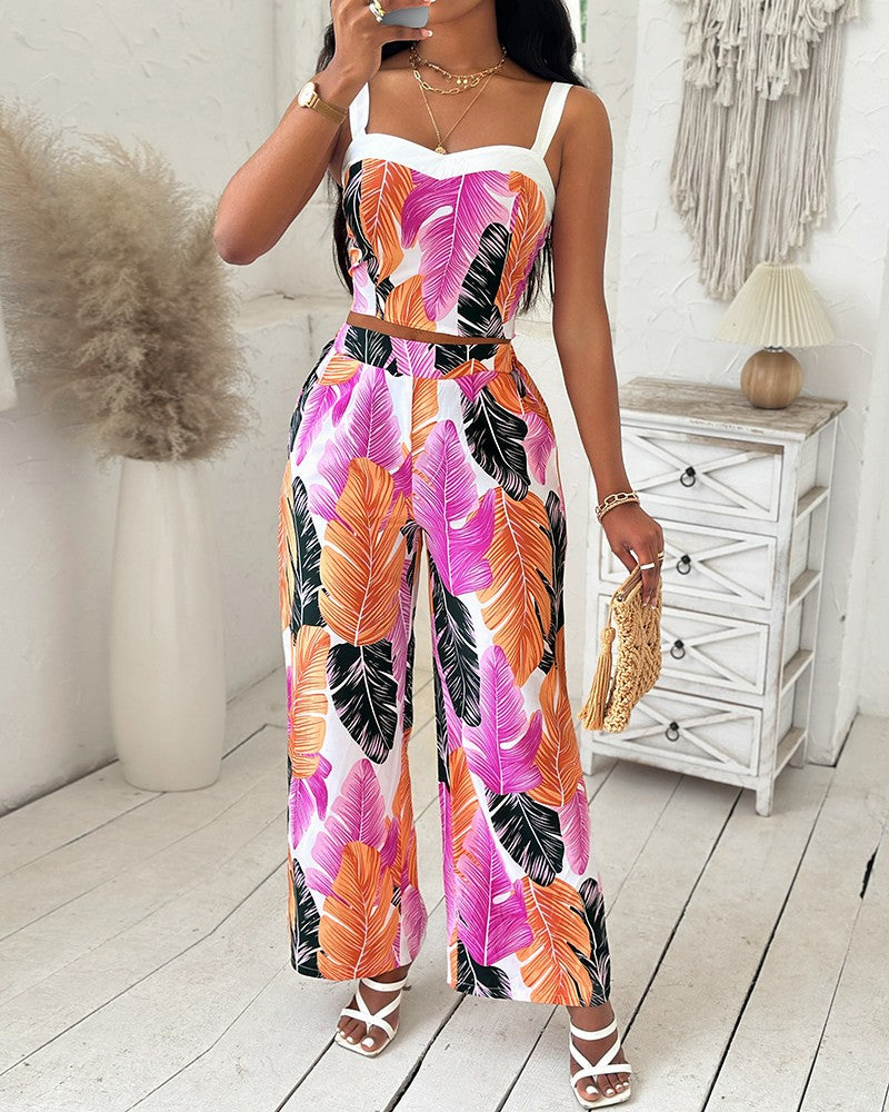 Tropical Leaf Print Crop Top & Wide Leg Pants Set