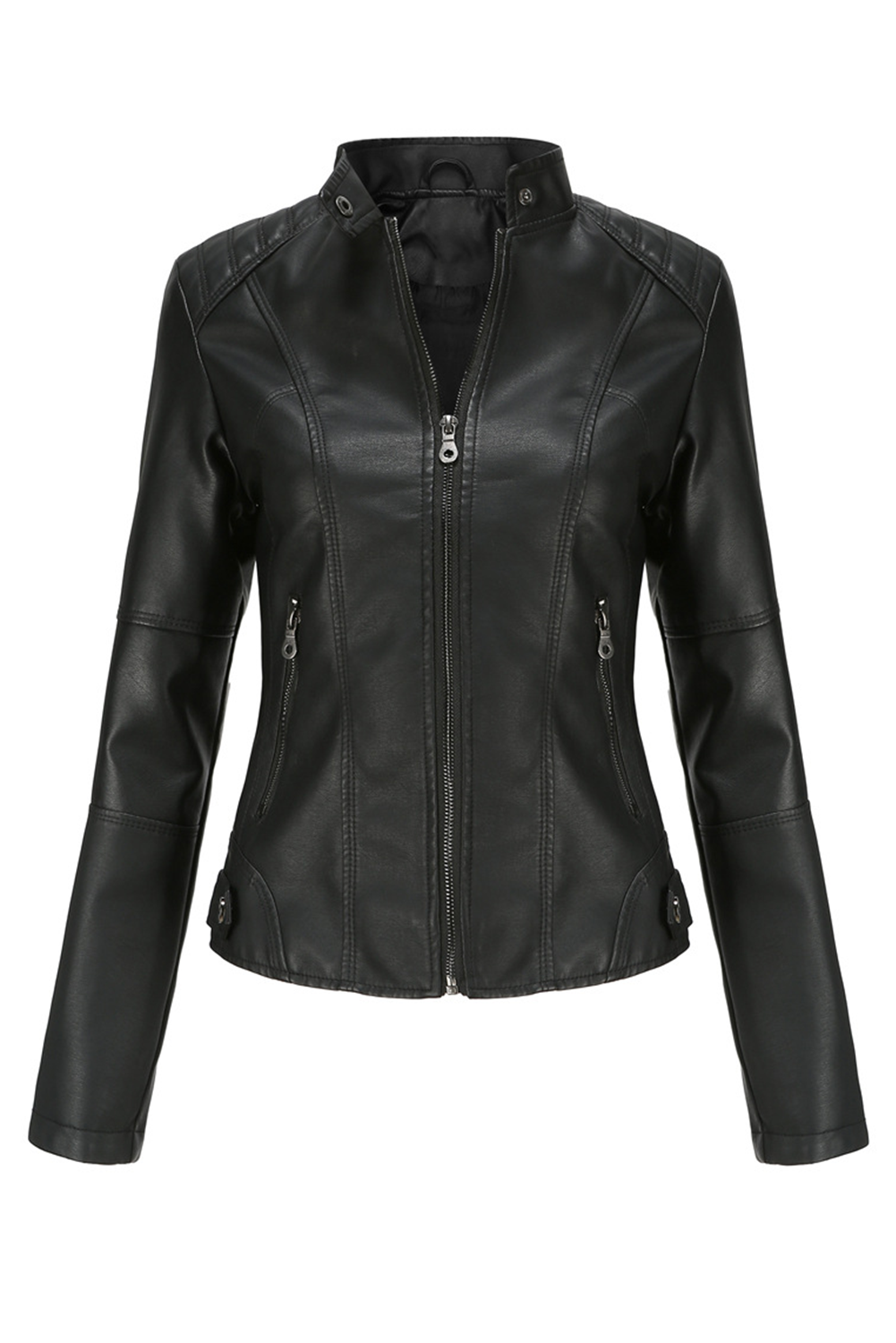 Black Leatherette Button Tab Stand Neck Zip Motor Jacket