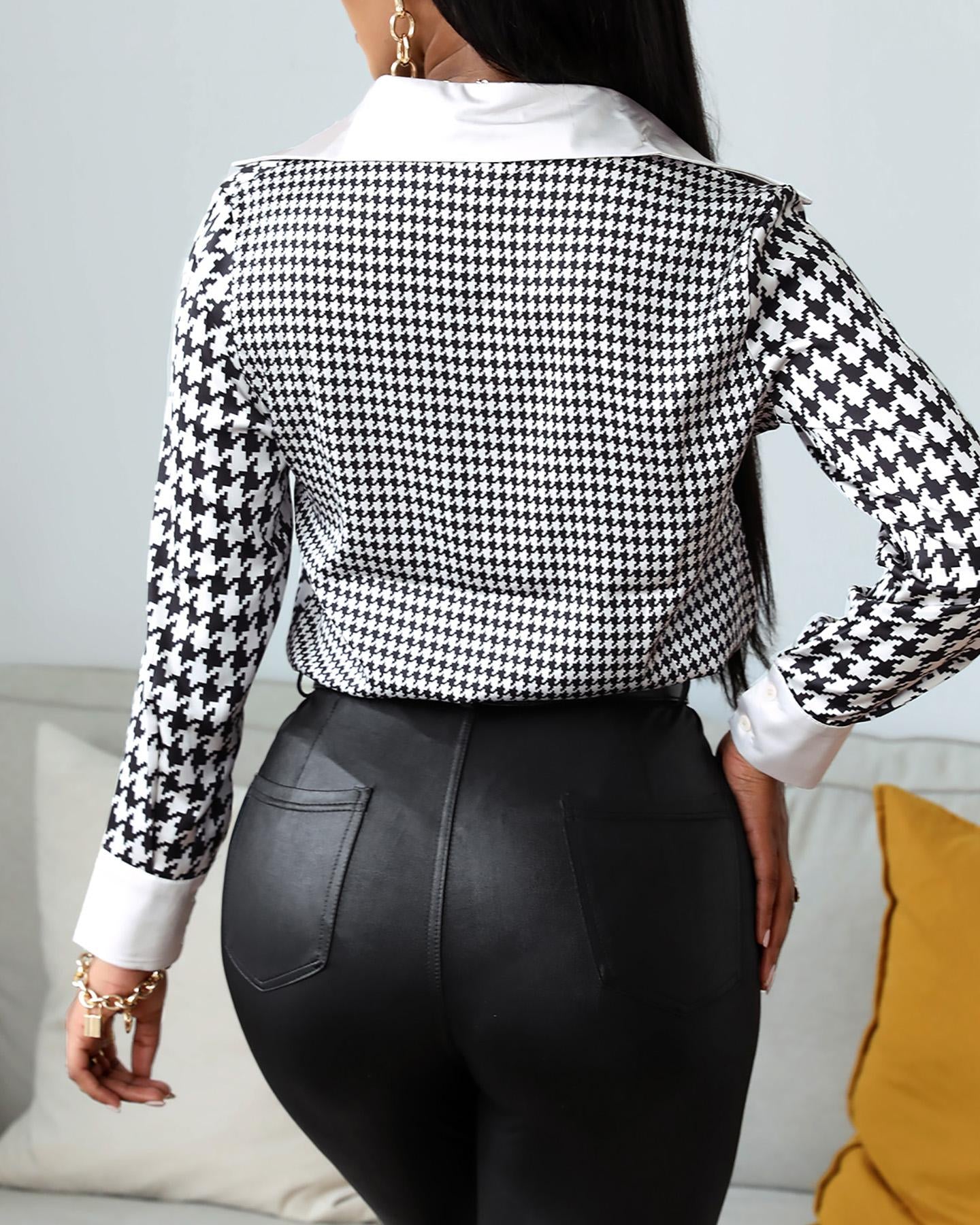 Houndstooth Pocket Design Long Sleeve Shirt