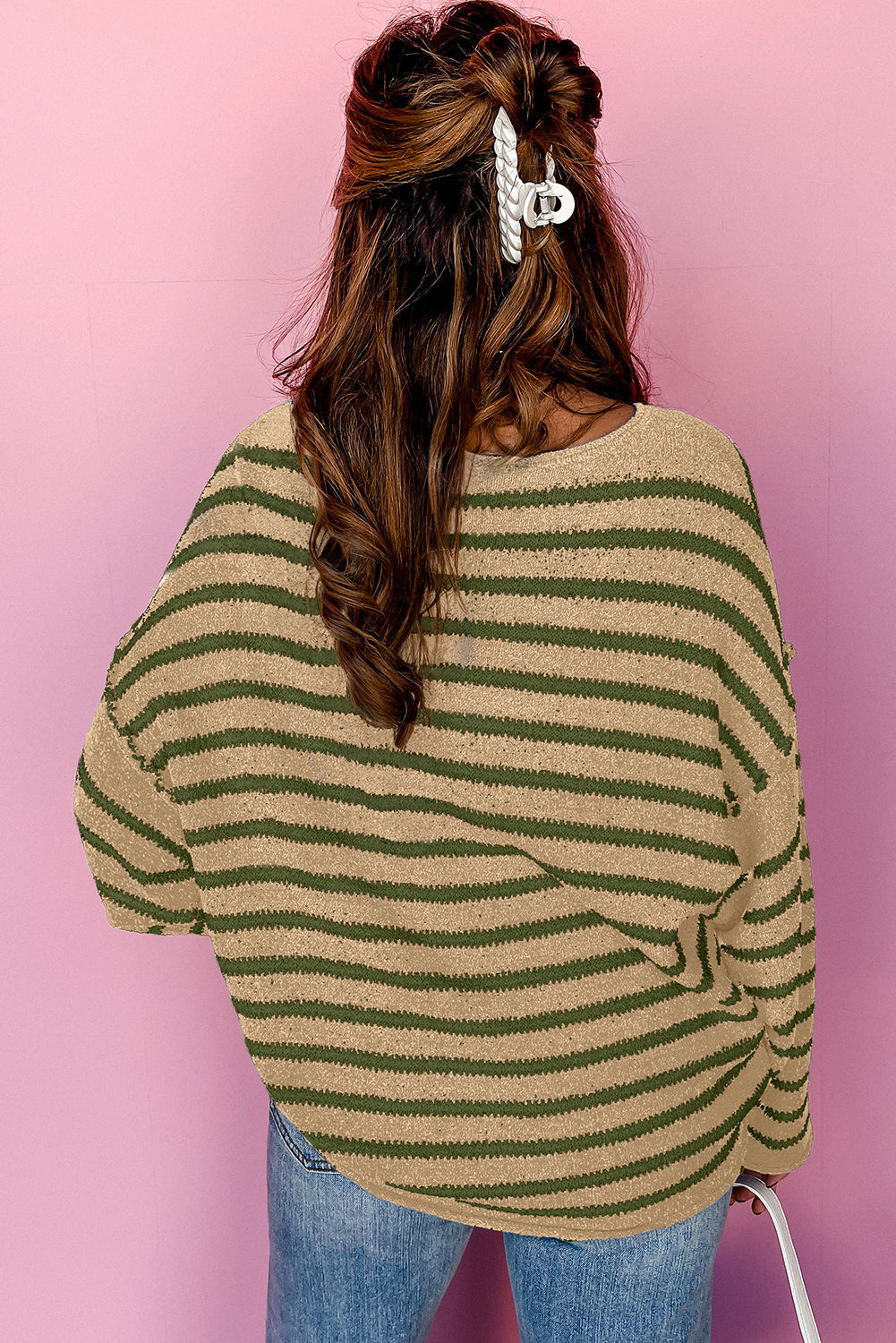 Khaki Stripe Drop Shoulder Casual Sweater