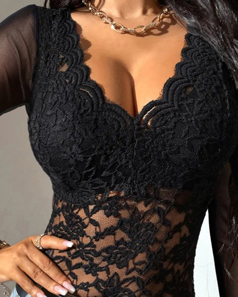 Embroidery Sheer Mesh Lace Long Sleeve Top