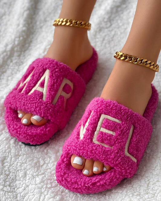 Letter Embroidery Fuzzy Winter Slippers