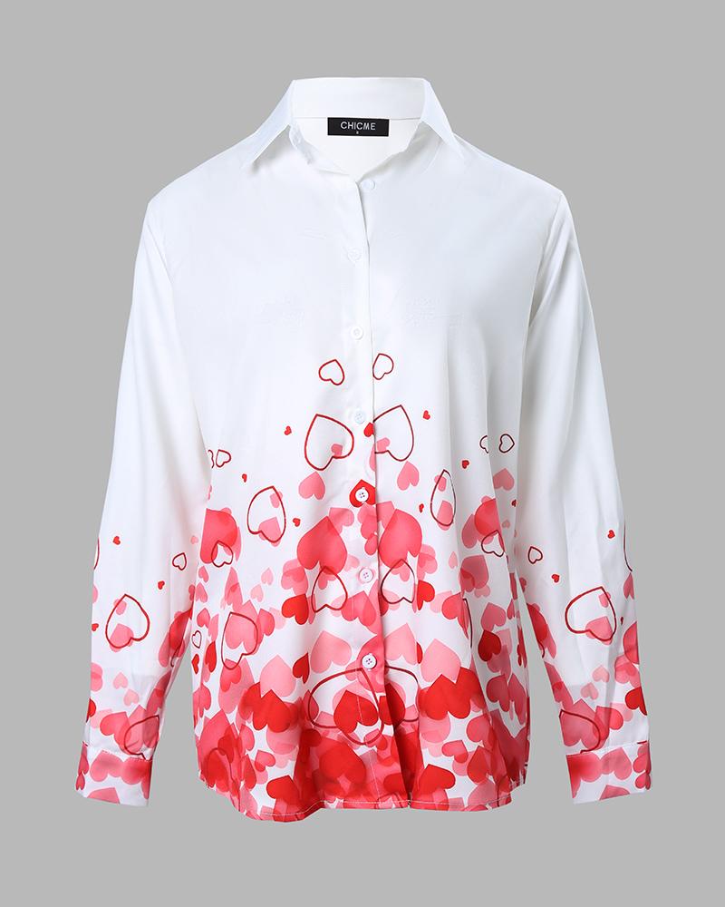 Valentine's Day Heart Print Long Sleeve Button Down Shirt