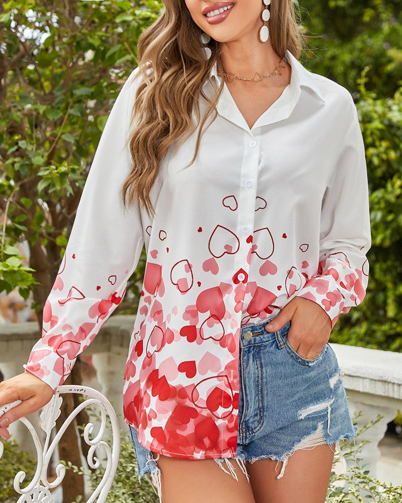 Valentine's Day Heart Print Long Sleeve Button Down Shirt