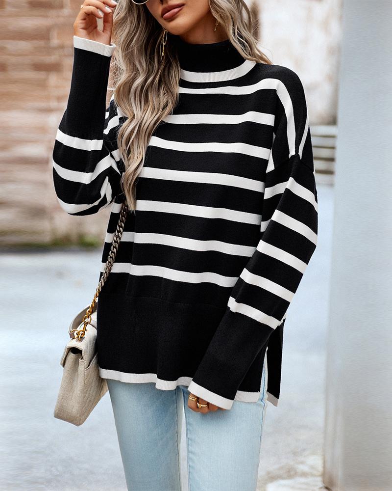 Striped High Neck Side Slit Knit Sweater