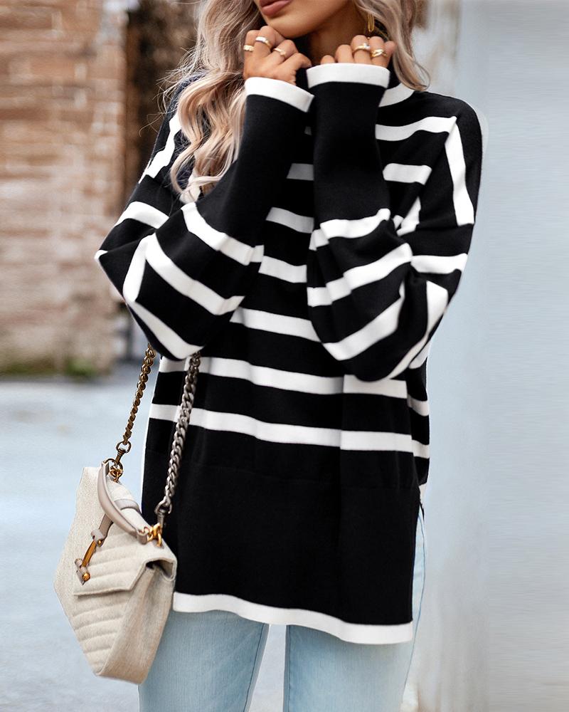 Striped High Neck Side Slit Knit Sweater