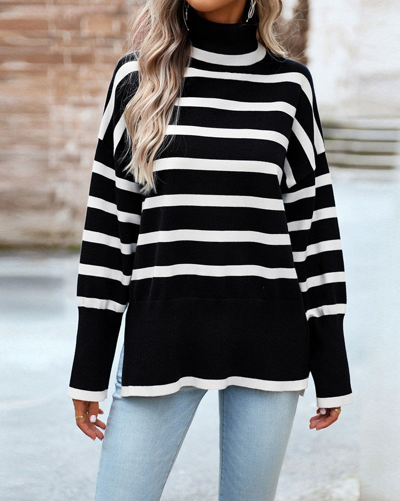 Striped High Neck Side Slit Knit Sweater