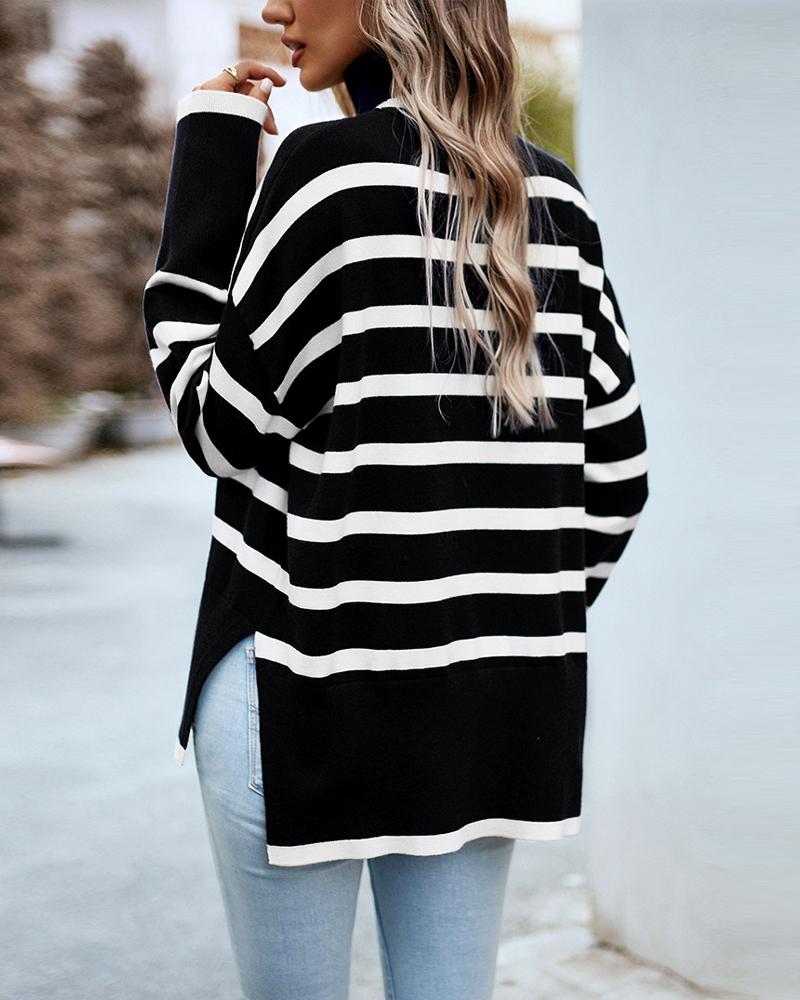 Striped High Neck Side Slit Knit Sweater