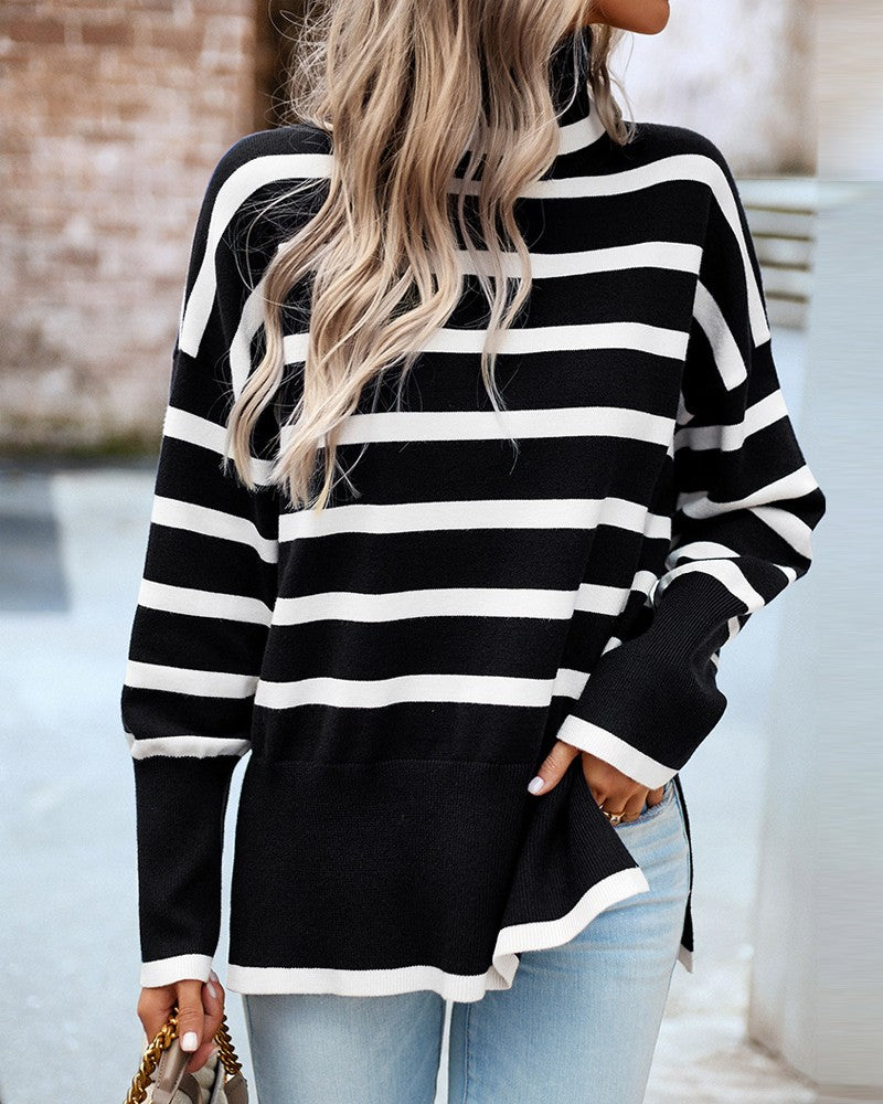 Striped High Neck Side Slit Knit Sweater