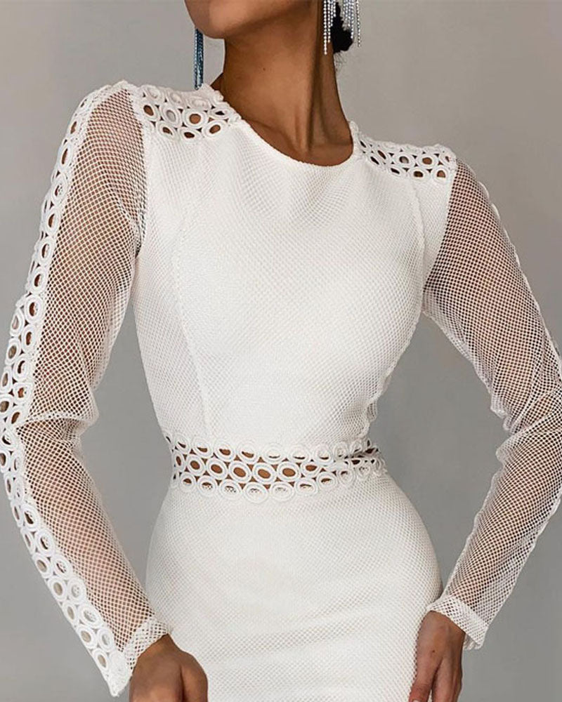 Guipure Lace Patch Long Sleeve Skinny Party Dress