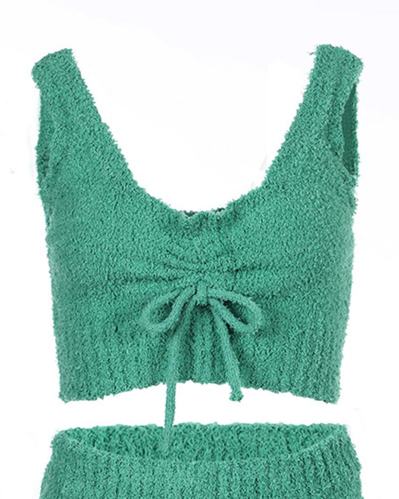 Fluffy Drawstring Ruched U Neck Cami Set Without Coat