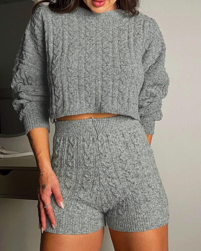 2 Piece Crewneck Long Sleeve Cable Knit Crop Sweater High Waist Shorts Tracksuits Outfits