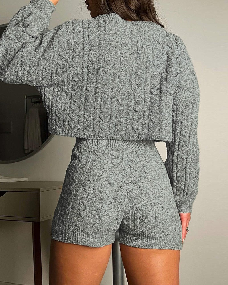 2 Piece Crewneck Long Sleeve Cable Knit Crop Sweater High Waist Shorts Tracksuits Outfits