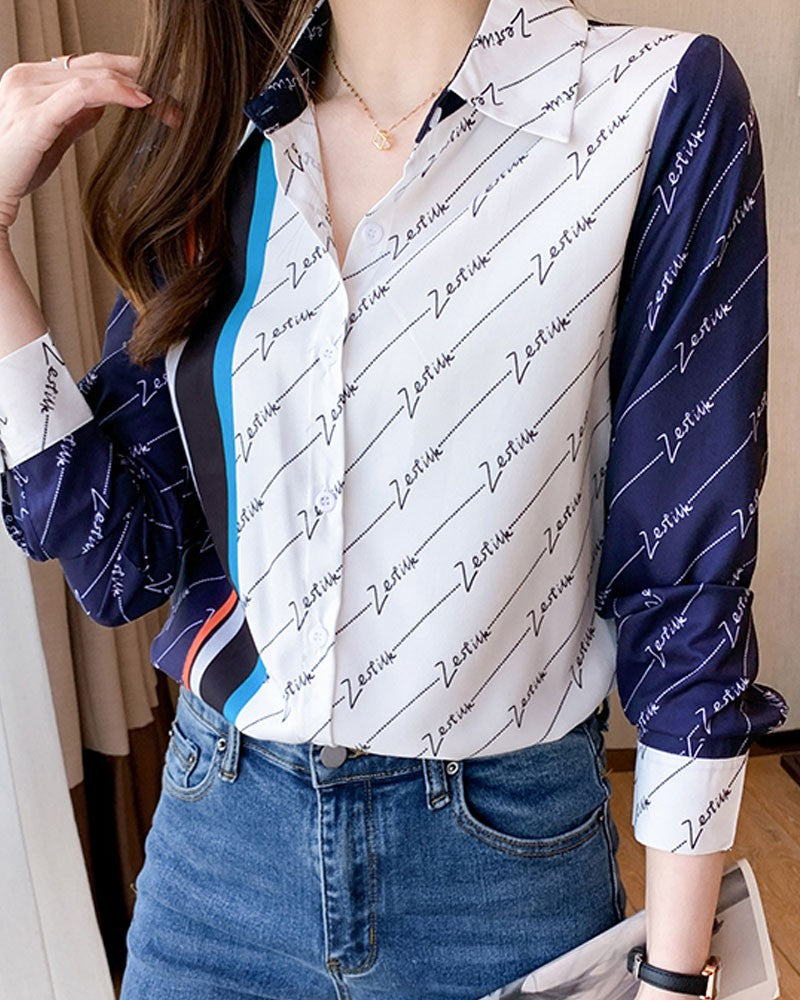 Letter Print Long Sleeve Button Up Shirt