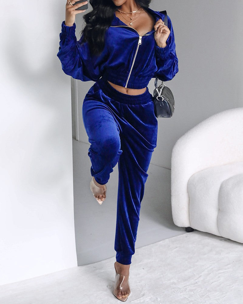 Stand Collar Zipper Design Velvet Coat &Cuffed Pants Tracksuit Set