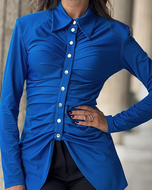 Buttoned Ruched Asymmetrical Hem Long Sleeve Top