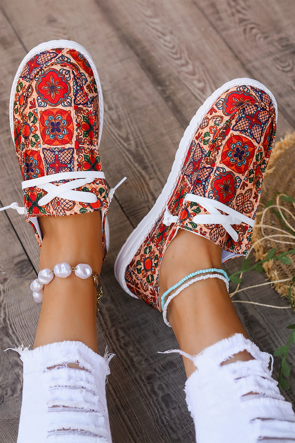 Fiery Red Western Printed Lacing Flat Slip On Shoes