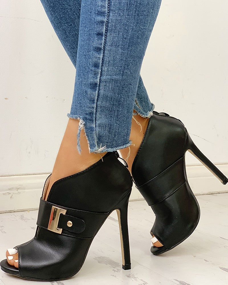 PU Peep Toe Buckled Thin Heels