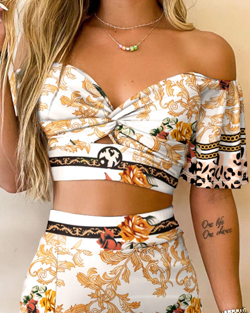 Scarf Leopard Print Twisted Crop Top & Slit Skirt Set