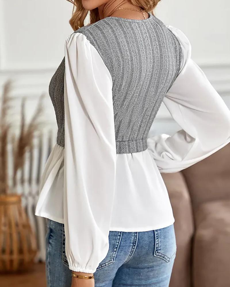 Colorblock V Neck Patchwork Knit Top