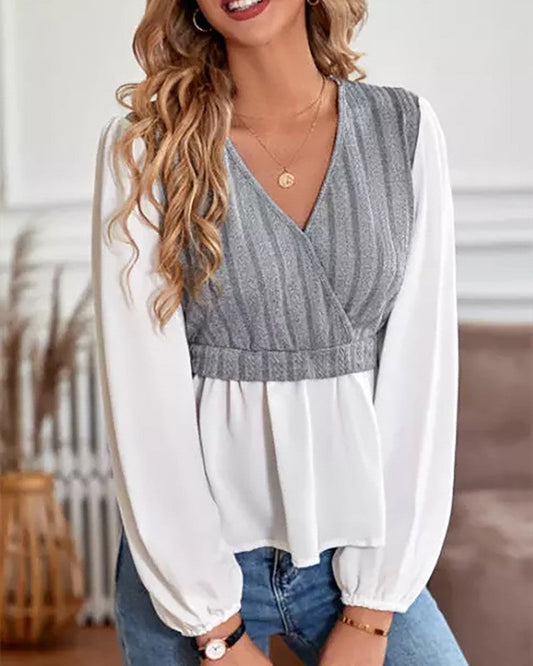 Colorblock V Neck Patchwork Knit Top