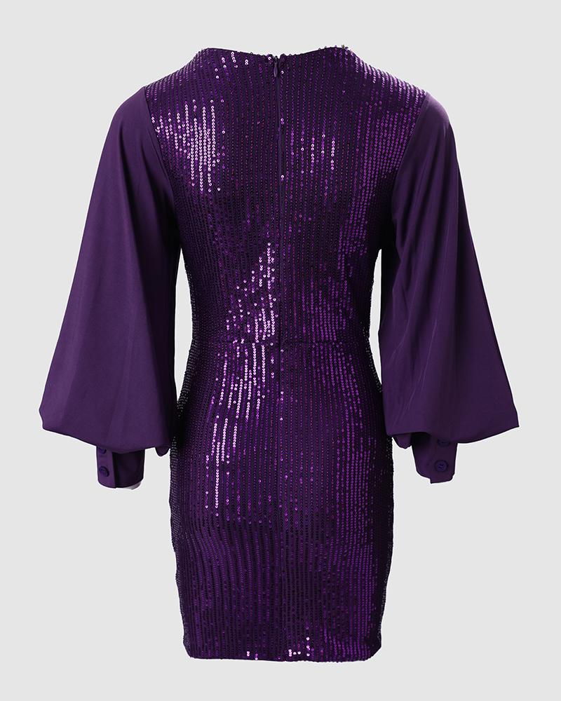 Sheer Mesh Plunge Sequin Dress