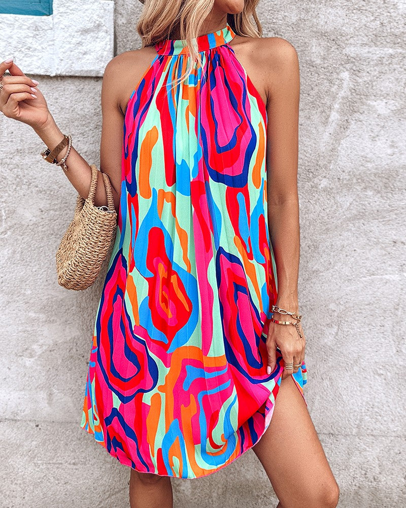 Abstract Print Sleeveless Pleated Casual Dress