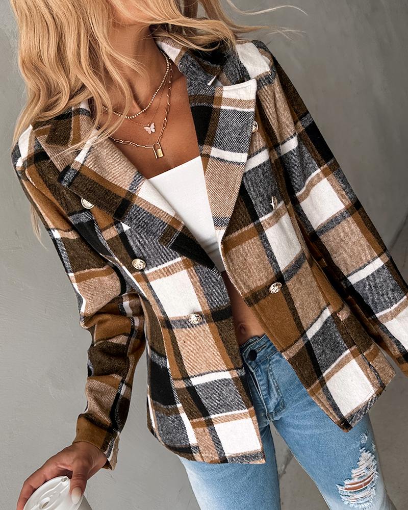 Plaid Print Double Breasted Blazer Coat