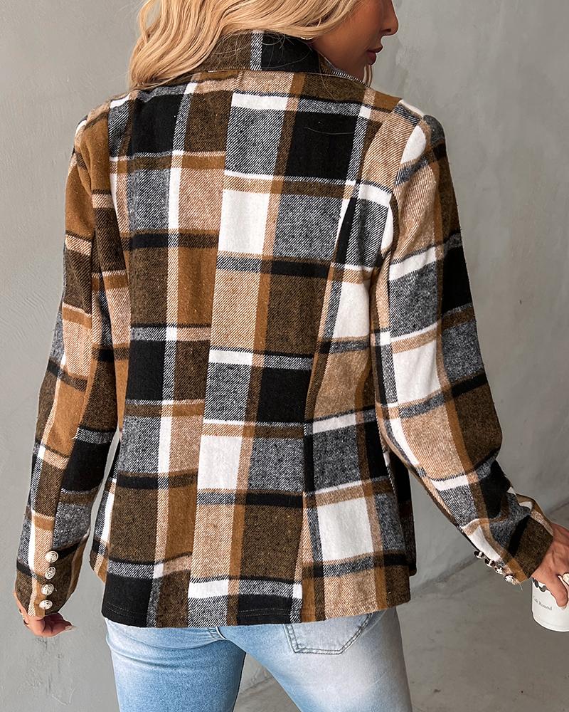 Plaid Print Double Breasted Blazer Coat