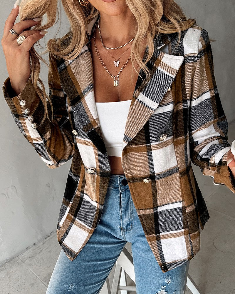 Plaid Print Double Breasted Blazer Coat