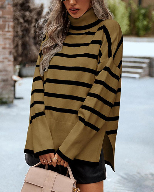 Striped High Neck Side Slit Knit Sweater