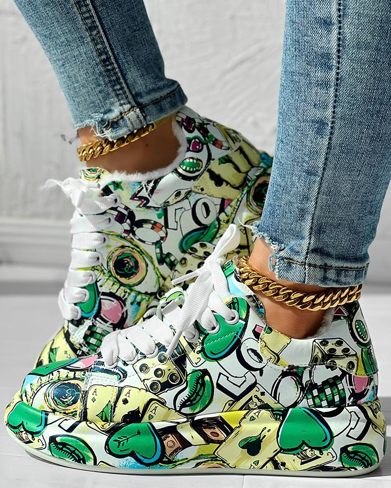 Cartoon Graphic Letter Lace up Lined Sneakers