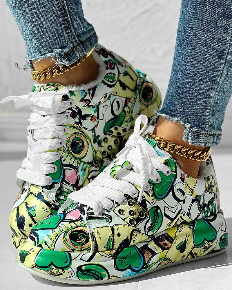 Cartoon Graphic Letter Lace up Lined Sneakers